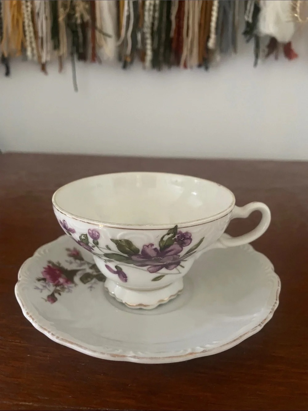 Porcelain Tea Cup and Saucer with Purple Floral Pattern